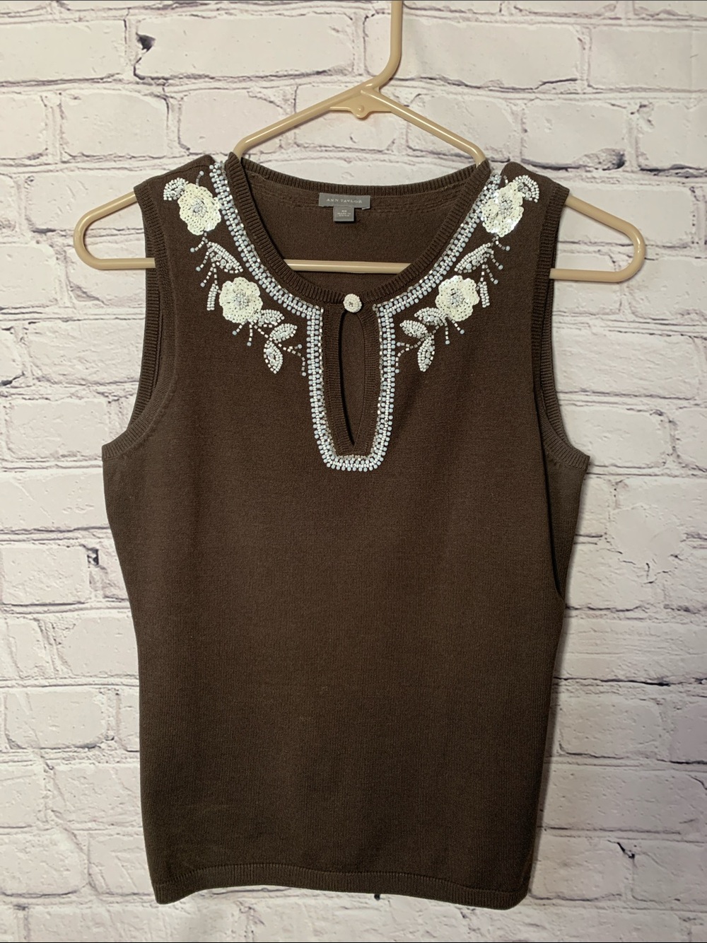 Ann Taylor Brown Sleeveless Knit Tank with White Beaded Floral Neckline